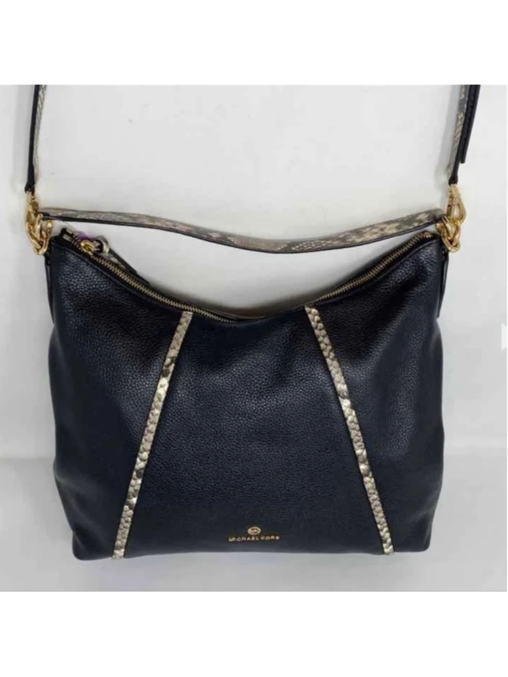 MICHAEL KORS COUTURE BLACK PEBBLE LEATHER WITH SNAKE PRINT HOBO BAG & WALLET EUC